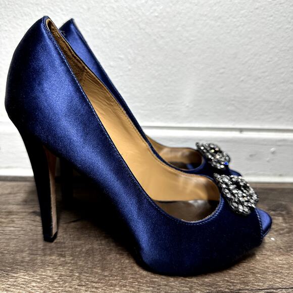 Badgley Mischka Goodie Peep-Toe Pump Satin Stiletto Heel Crystal Royal Blue 6.5 - Picture 3 of 6